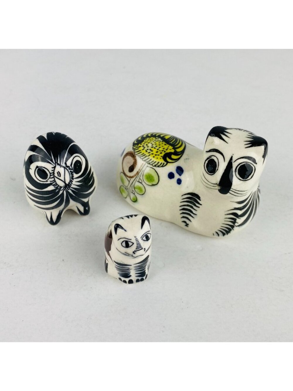 3 Piece Set Vintage Tonala Pottery Figures Cats Owl Bird Two Signed Collectibles